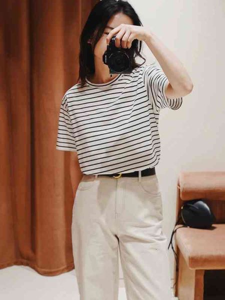 women's tshirt xiaowo tshirt summer navy stripe simple and versatile round neck, White
women's tshirt xiaowo tshirt summer navy stripe simple and versatile round neck, White