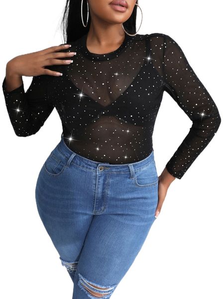 plus rhinestone sheer mesh without bra v090#, Black