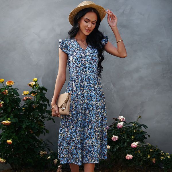 2022 summer women's polyester dress feifei sleeve floral print v-neck knee-length dresses, Black;gray
2022 summer women's polyester dress feifei sleeve floral print v-neck knee-length dresses, Black;gray