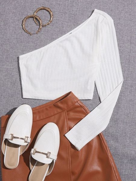 one shoulder rib-knit crop tee u49v#, White