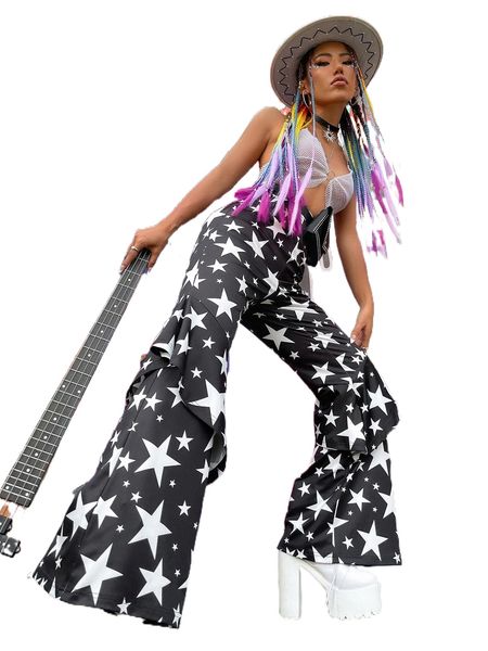 allover star print ruffle trim pants 53gh#, Black;white 
allover star print ruffle trim pants 53gh#, Black;white