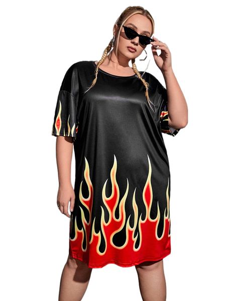 plus fire print drop shoulder tee dress s2zg#, Black
plus fire print drop shoulder tee dress s2zg#, Black
