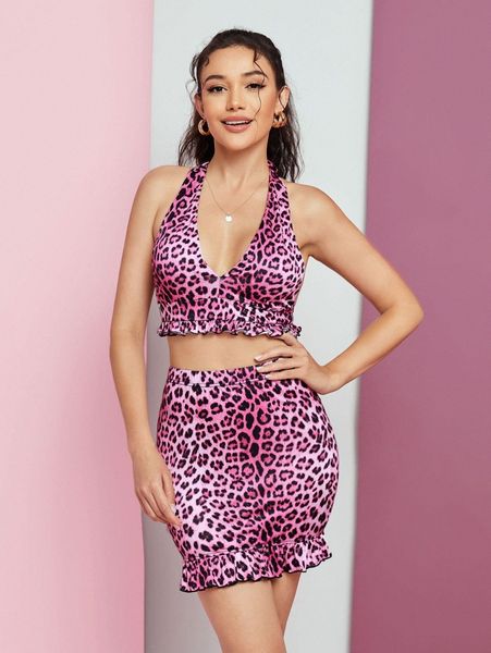 x glitter and lace leopard print tie backless halter & ruffle hem skirt w17l#, White
x glitter and lace leopard print tie backless halter & ruffle hem skirt w17l#, White