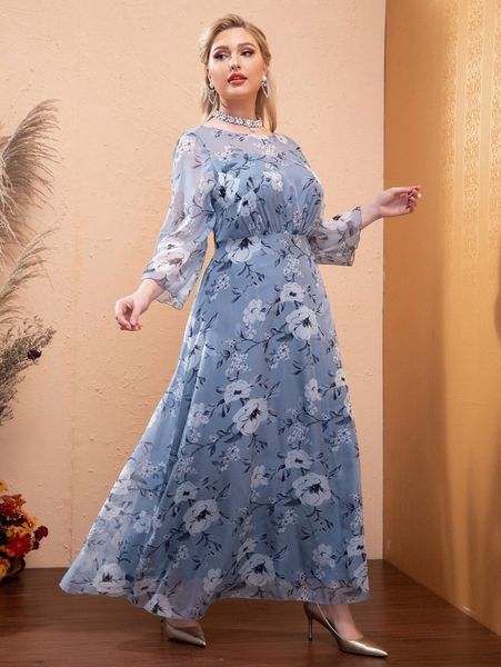 plus floral print maxi a-line dress z08j#, Black