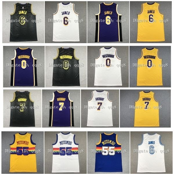 nc01 los angeles basketball jersey james 6 lebron russell 0 westbrook carmelo 7 anthony jersey dikembe 55 mutombo purple yellow white black