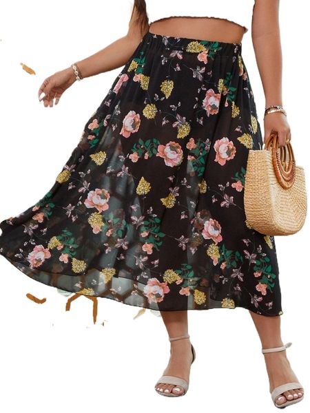 plus floral print chiffon skirt w1bx#, Black