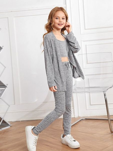 girls drop shoulder open front coat & cami & leggings she, White
girls drop shoulder open front coat & cami & leggings she, White