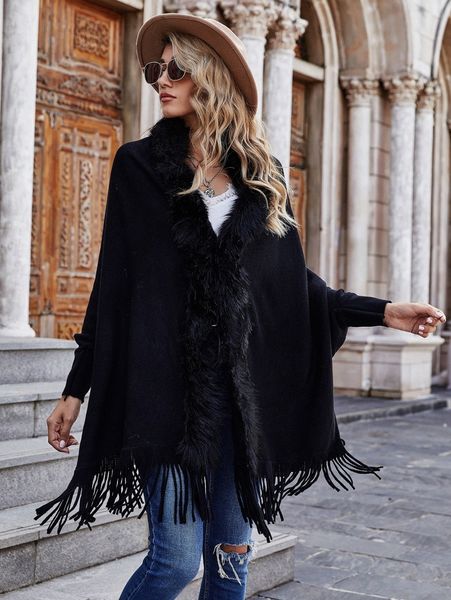 contrast fuzzy batwing sleeve fringe hem cardigan z5c6#, White;black