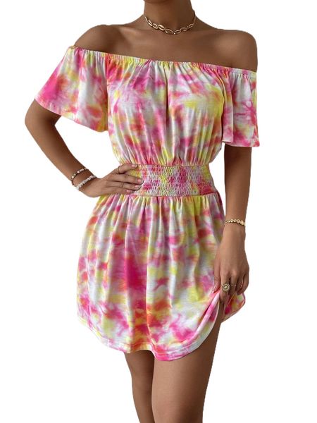 tie dye off shoulder shirred dress t5le#, Black;gray 
tie dye off shoulder shirred dress t5le#, Black;gray