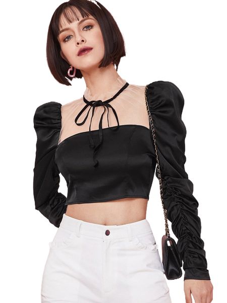 tie neck ruched sleeve mesh yoke c8st#, White