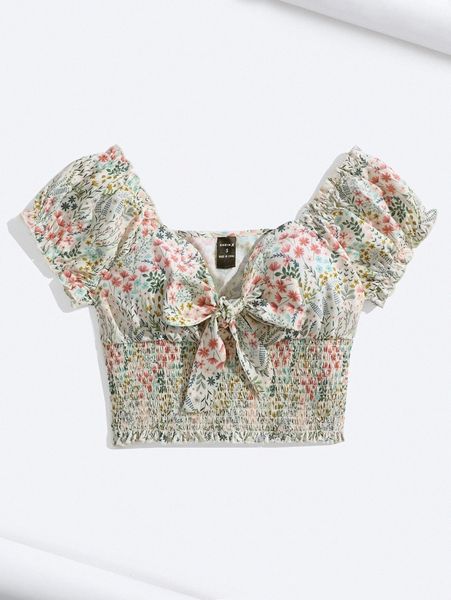 x yuan xu allover floral print shirred bow front frill puff sleeve crop blouse a9x1#, White
x yuan xu allover floral print shirred bow front frill puff sleeve crop blouse a9x1#, White