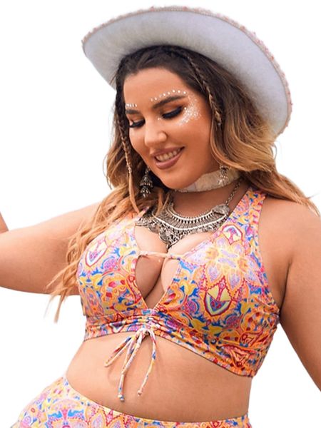 plus allover print cut out drawstring crisscross back bikini 06hg#, Black
plus allover print cut out drawstring crisscross back bikini 06hg#, Black