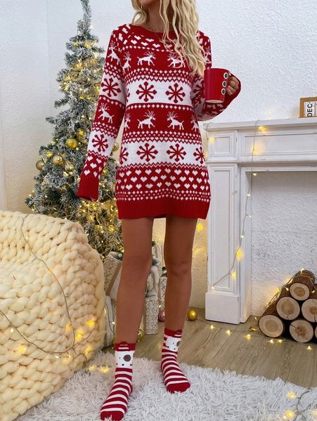 christmas pattern raglan sleeve longline sweater j0ih#, White;black