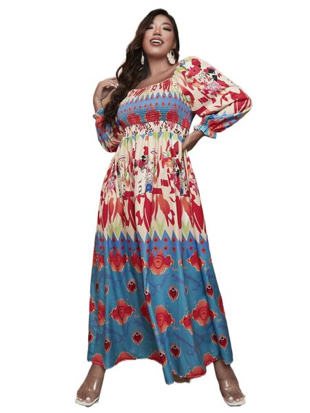 plus graphic print shirred bodice dress w5yg#, Black