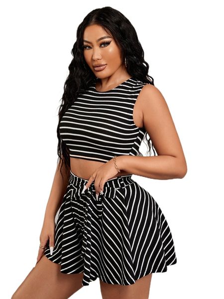 sxy striped tank & belted wide leg shorts w83m#, White