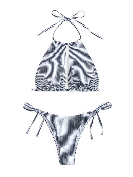 striped halter tie side bikini swimsuit d6jb#, White;black
striped halter tie side bikini swimsuit d6jb#, White;black