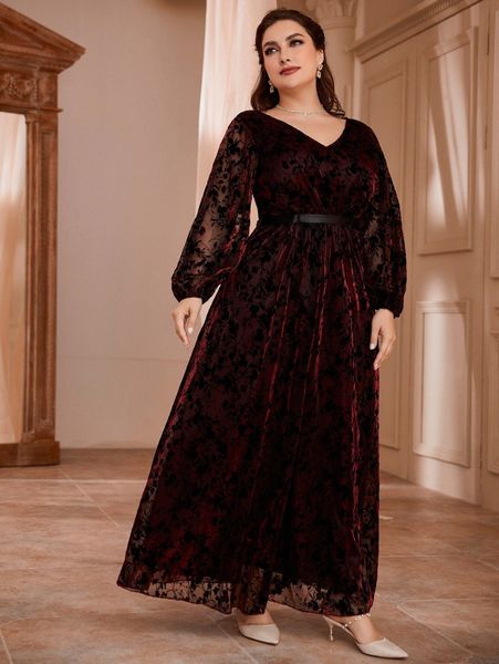plus v neck mesh overlay maxi prom dress o5e4#, Black