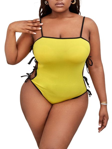 sxy plus contrast binding tie side cut out bodysuit y9ki#, Black 
sxy plus contrast binding tie side cut out bodysuit y9ki#, Black