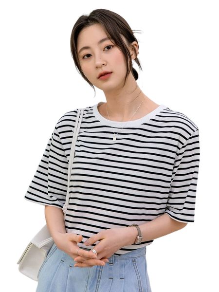 dazy-less striped print round neck tee e4cz#, White