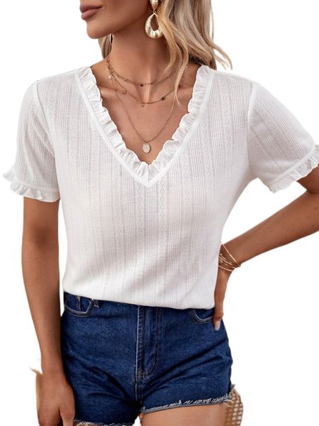 frill trim v neck tee 424x#, White
frill trim v neck tee 424x#, White
