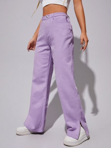 zipper fly split hem wide leg jeans l5gx#, Blue