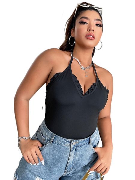 plus frill trim tie backless halter bodysuit f6vd#, Black