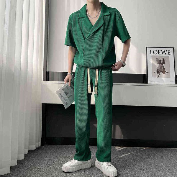 2022 men's casual thin suit collar shirts loose trendy handsome short sleeved trousers green/black/apricot two-piece mens sets t220802, Gray
2022 men's casual thin suit collar shirts loose trendy handsome short sleeved trousers green/black/apricot two-piece mens sets t220802, Gray
