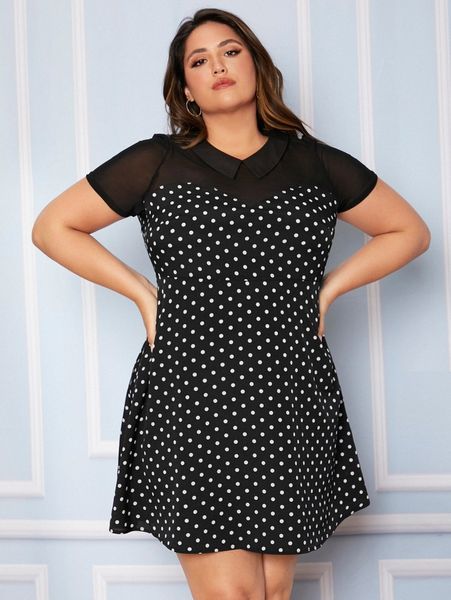 plus polka dot contrast mesh dress a2ig#, Black 
plus polka dot contrast mesh dress a2ig#, Black