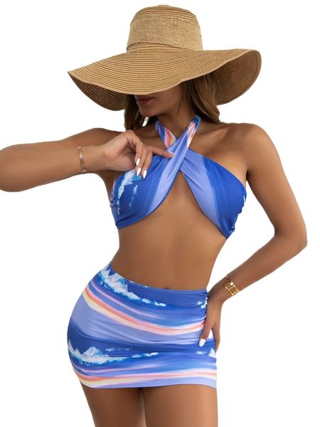 3pack tie dye cross halter bikini swimsuit & beach skirt w9wr#, White;black