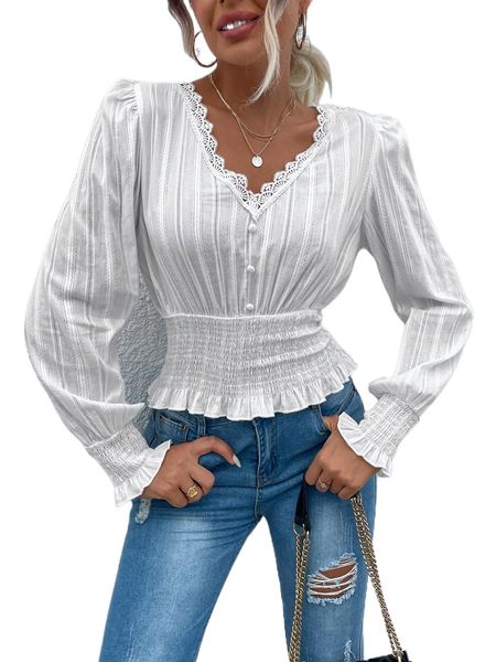lace trim shirred blouse a2yy#, White