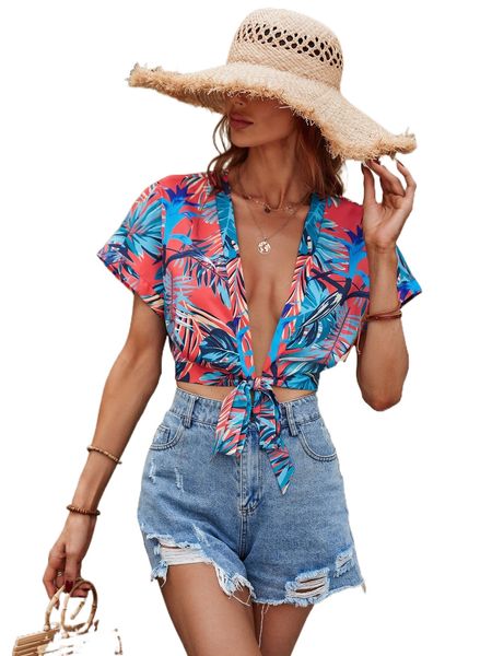 tropical print tie front batwing sleeve blouse 491l#, White
tropical print tie front batwing sleeve blouse 491l#, White