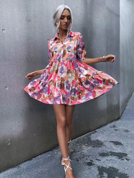 brush print puff sleeve smock dress 69yo#, Black;gray