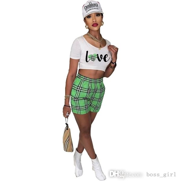 retail womens tracksuits designer lettered crop t-shirt plaid shorts two piece set, Gray 
retail womens tracksuits designer lettered crop t-shirt plaid shorts two piece set, Gray