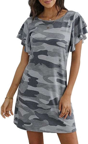 women camo ruffled short sleeve t shirt casual mini sundress f7is#, Black;gray
women camo ruffled short sleeve t shirt casual mini sundress f7is#, Black;gray