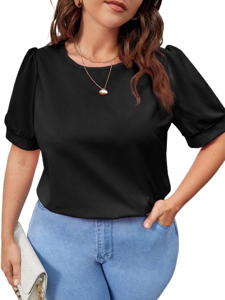plus solid puff sleeve tee y9wc#, Black