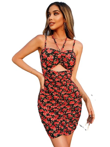 allover floral print cutout tie back bodycon dress p0ja#, Black;gray