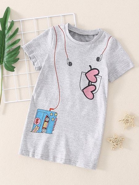 toddler girls earphone and heart print tee dress she, Red;yellow 
toddler girls earphone and heart print tee dress she, Red;yellow