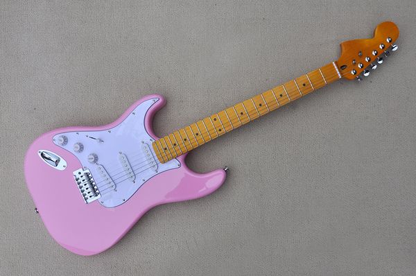 factory custom left handed pink electric guitar with maple fretboard,chrome hardware,yellow neck,can be customized