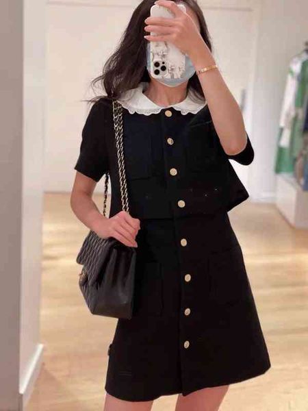 french early autumn doll neck small fragrance metal breasted fake two piece women's dress, Black;gray
french early autumn doll neck small fragrance metal breasted fake two piece women's dress, Black;gray