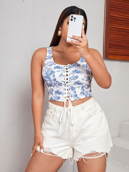 plus floral & figure graphic grommet lace up tank a7wq#, Black
plus floral & figure graphic grommet lace up tank a7wq#, Black