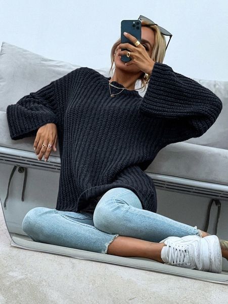 solid drop shoulder chunky knit sweater n33t#, White;black
solid drop shoulder chunky knit sweater n33t#, White;black