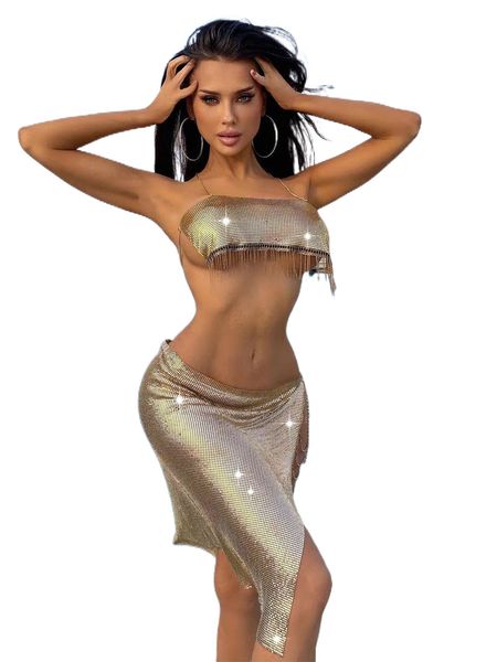 metallic fringe decor lingerie set f3kb#, Black;red