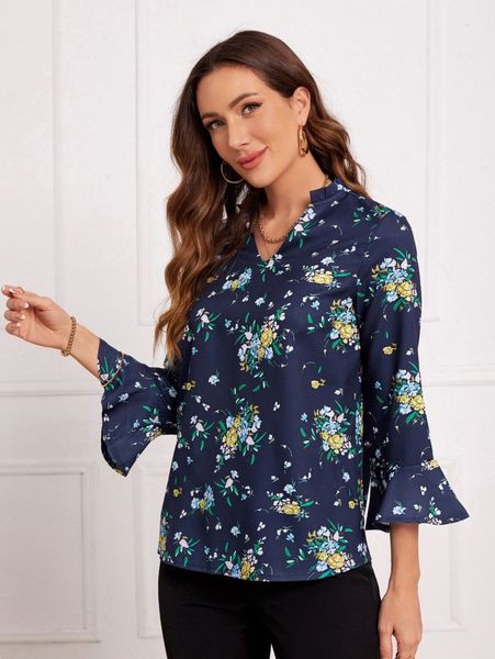 emery rose floral print frill notched neck flounce sleeve blouse c2wc#, White
emery rose floral print frill notched neck flounce sleeve blouse c2wc#, White