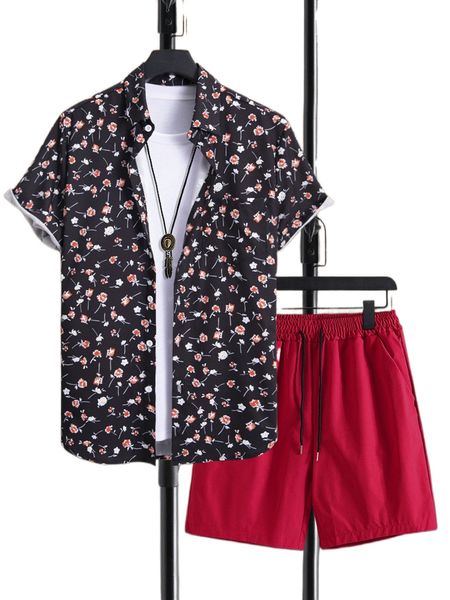 men ditsy floral print shirt & drawstring waist shorts 591t#, Gray