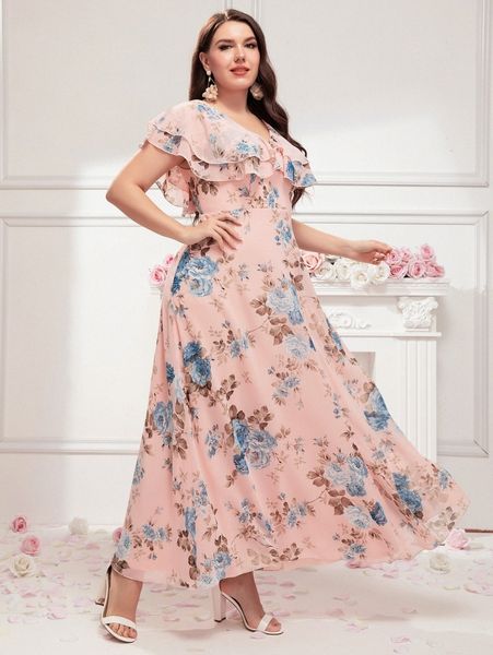 plus allover floral v-back a-line dress 59ph#, Black
