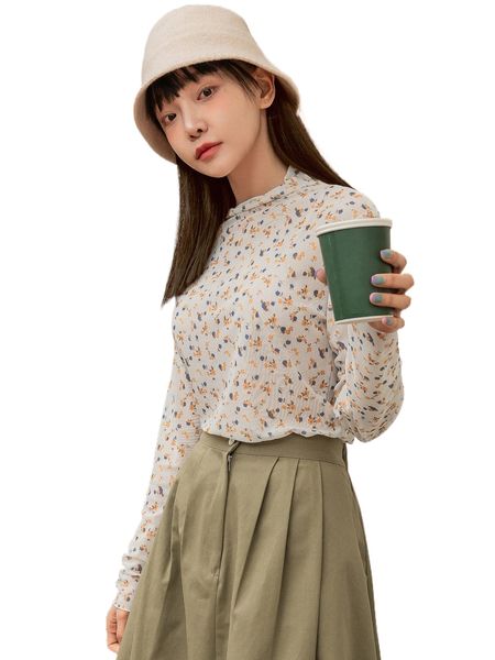 dazy ditsy floral draped neck mesh tee w1mb#, White