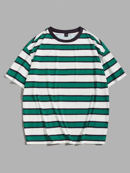men drop shoulder striped print contrast binding tee o8sx#, White;black