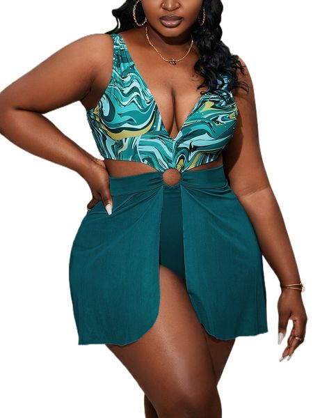 plus allover print ring linked one piece swimsuit 86mo#, White;black 
plus allover print ring linked one piece swimsuit 86mo#, White;black