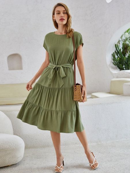 ruffle hem belted a-line dress r9sg#, Black;gray