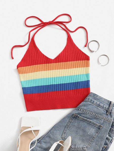 mod colorblock halter knit 06et#, White;black 
mod colorblock halter knit 06et#, White;black